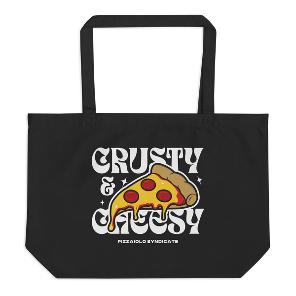 Black organic cotton tote bag with "Crusty & Cheesy" print – pizza-themed design with bold typography for fans of classic slice character.