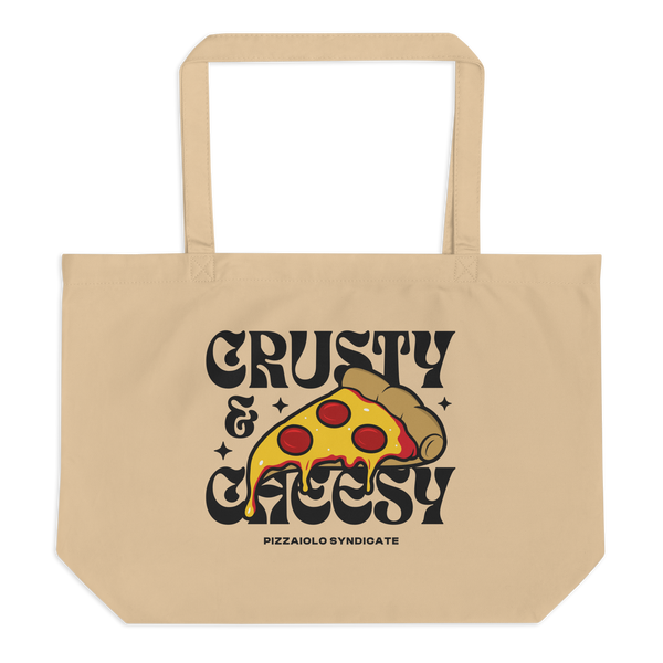 Oyster-colored organic cotton tote bag with "Crusty & Cheesy" print – graphic pizza-themed design celebrating the essence of a perfect slice.