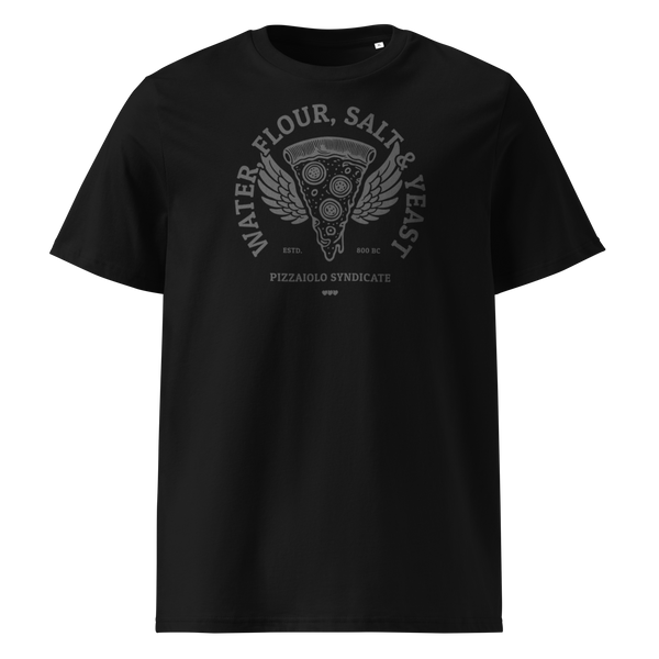 Black unisex T-shirt with "Heavy Pizza" graphic – dark pizza-themed design blending rock vibes with melty cheese energy.