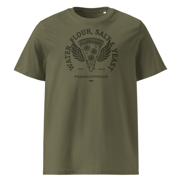 Khaki unisex T-shirt with "Heavy Pizza" graphic – bold, pizza-themed apparel for those who like their music loud and their crust loaded.