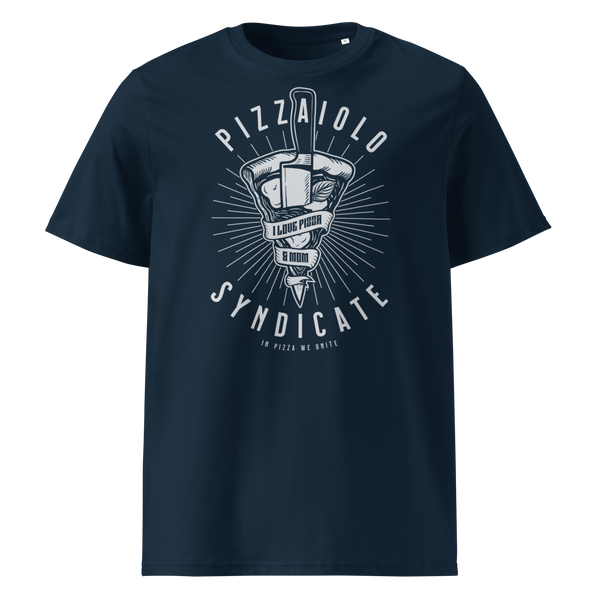 Front view of the "I Love Pizza & Mom" T-Shirt in French Navy, featuring a white tattoo-style print with a chef knife, heart-shaped pizza slice and banner.