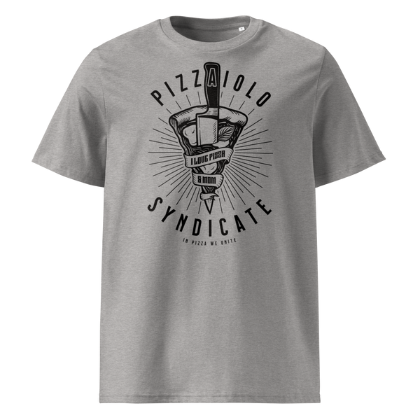 Front view of the "I Love Pizza & Mom" T-Shirt in Heather Gray, showing a black tattoo-style print with a chef knife, pizza slice and banner design.