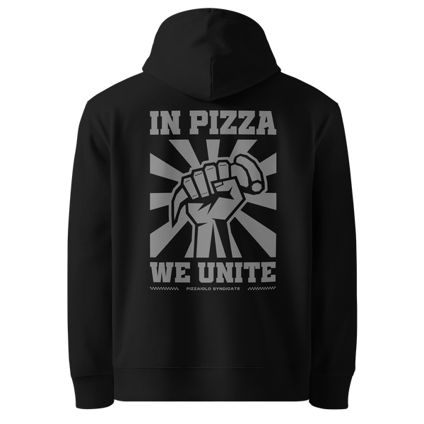 Unisex hoodie with "In Pizza We Unite" print in black – pizza-inspired streetwear for those who believe in the power of crust.