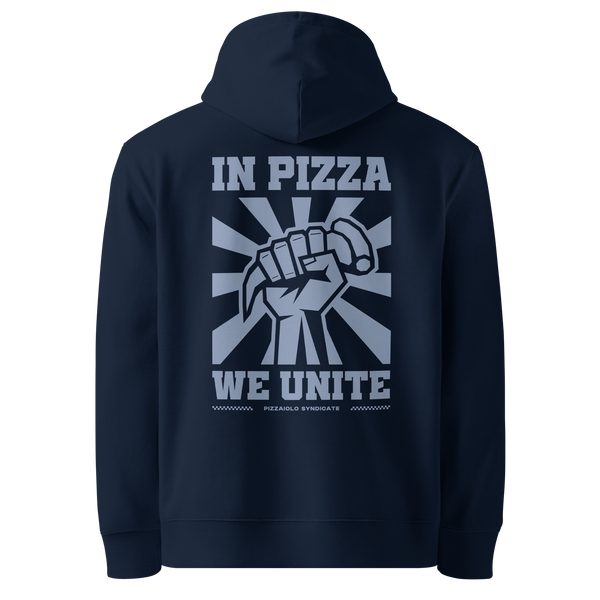 Unisex hoodie with "In Pizza We Unite" graphic design in French Navy – a pizza-themed apparel piece celebrating community and crust.