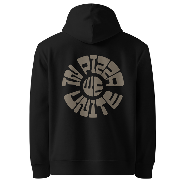 Back view of the "In Pizza We Unite" Hoodie in Black, showing a rustic brown circular typographic print with radiating lines.