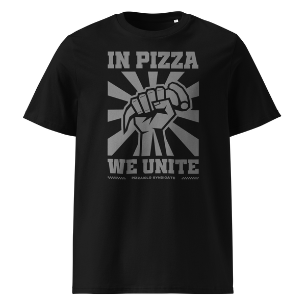 Black unisex T-shirt with "In Pizza We Unite" graphic – pizza-themed apparel that celebrates unity through dough.