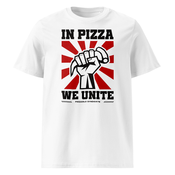 White unisex T-shirt with "In Pizza We Unite" graphic – clean pizza-themed design for true pizzaiolos at heart.