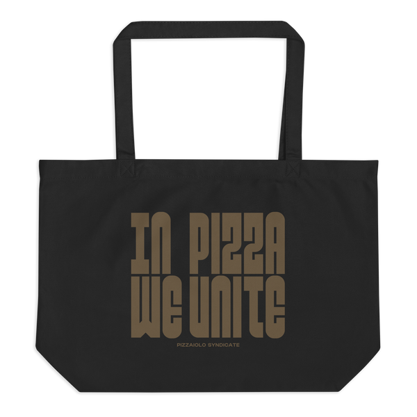 Black organic cotton tote bag with "In Pizza We Unite" print – eco-friendly pizza-themed shopping bag for everyday use and collective crust culture.
