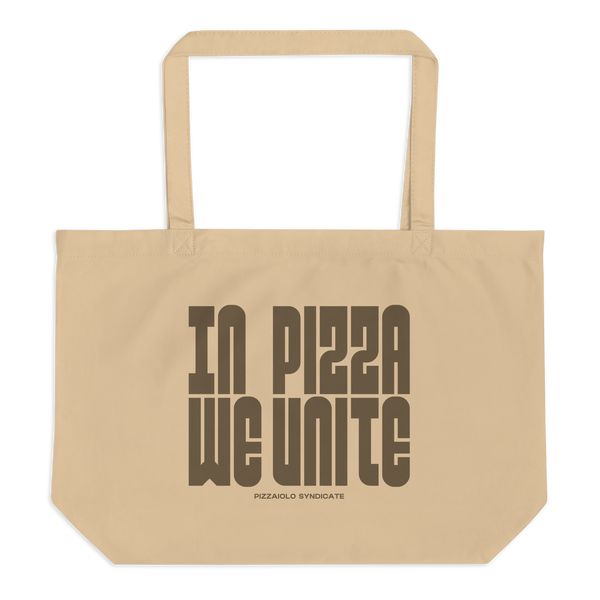 Oyster-colored organic cotton tote bag with "In Pizza We Unite" print – sustainable pizza-themed shopping bag for essentials and shared values.