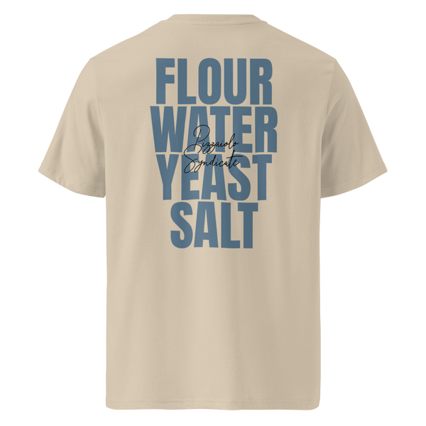Desert Dust unisex T-shirt with "Key Ingredients" graphic – a pizza-themed design highlighting the essential elements of flour, water, yeast and salt.