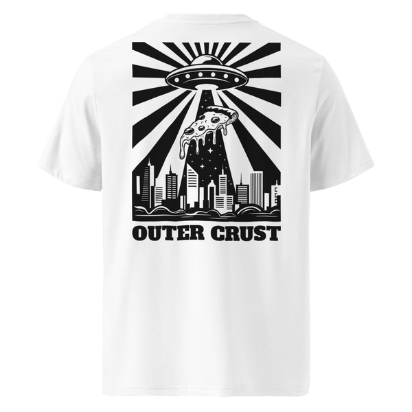 White unisex T-shirt with "Outer Crust" graphic – a cosmic pizza-themed design for lovers of intergalactic slices and style.
