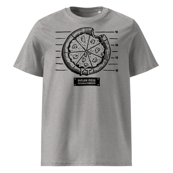 Heather Gray unisex T-shirt with "Outlaw Pizza" graphic – rebellious pizza-themed apparel for those who break the rules, one slice at a time.