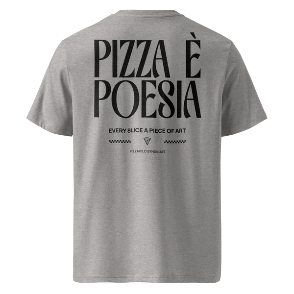 Heather Gray unisex T-shirt with "Pizza e Poesia" graphic – a poetic pizza-themed design for those who find beauty in crust and verse alike.