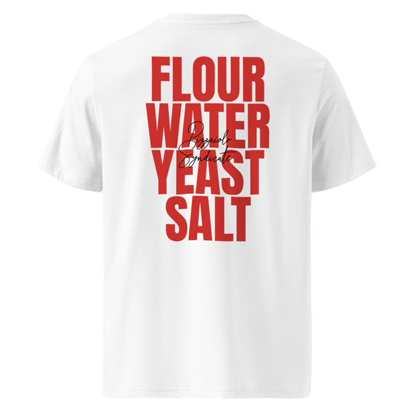 White unisex T-shirt with "Key Ingredients" graphic – typographic pizza-themed apparel celebrating the core components of every dough.