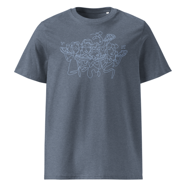 Unisex T-shirt in Dark Heather Blue featuring a "Pizza with Friends" graphic – casual pizza-themed design celebrating good times and good slices.