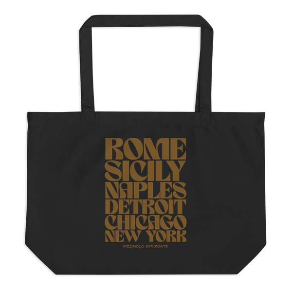 Black organic cotton tote bag with typographic "Pizza World Tour" print – featuring iconic pizza regions from Naples to Detroit in minimalist style.