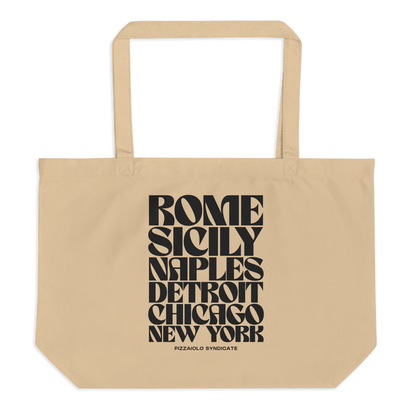 Oyster-colored organic cotton tote bag with typographic "Pizza World Tour" print – minimalist pizza-themed design highlighting legendary pizza cities from Naples to Detroit.