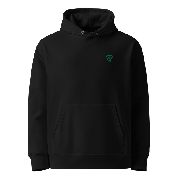 Black unisex hoodie featuring embroidered "Pizzaiolo Syndicate" logo – subtle, pizza-inspired design for dough devotees.