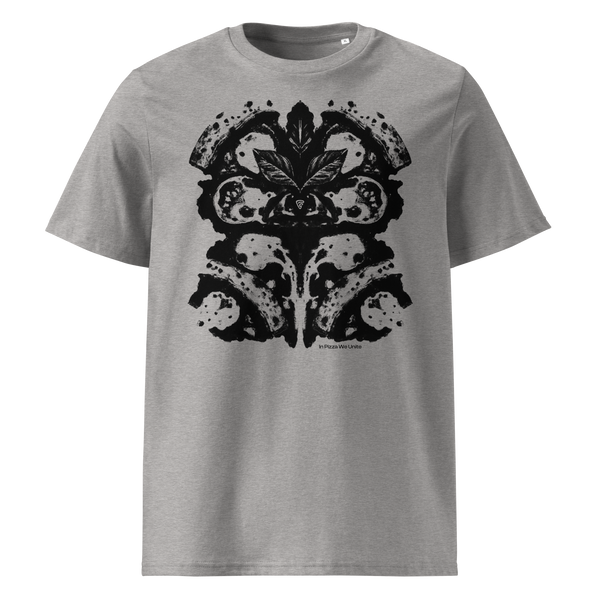 Front view of the "Rorschach Pizza" T-Shirt in Heather Gray, with a black inkblot-style graphic resembling a symmetrical pizza-inspired shape.