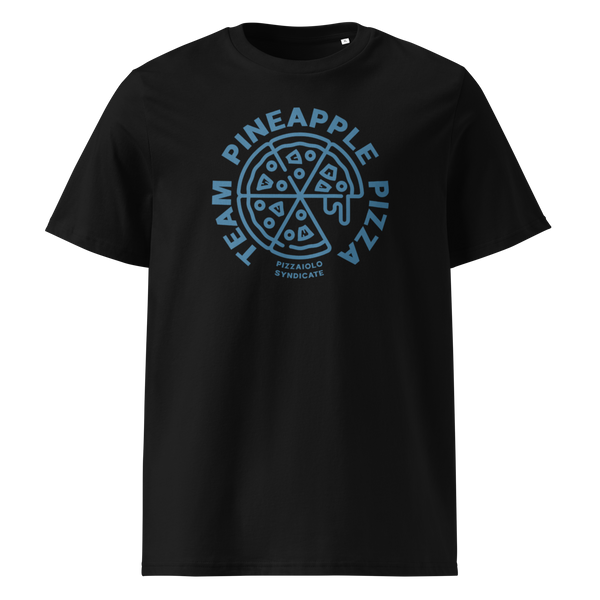 Black unisex T-shirt with "Team Pineapple Pizza" graphic – bold pizza-themed apparel for those who proudly stand by the sweet and savory combo.