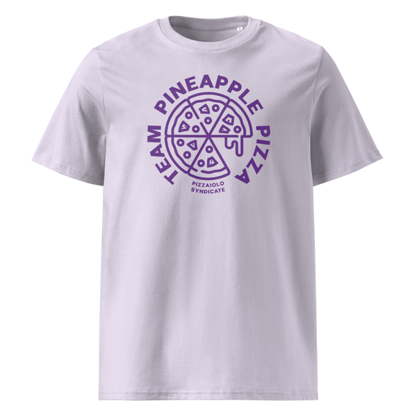 Lavender unisex T-shirt with "Team Pineapple Pizza" graphic – playful pizza-themed design for fans of controversial toppings and confident choices.