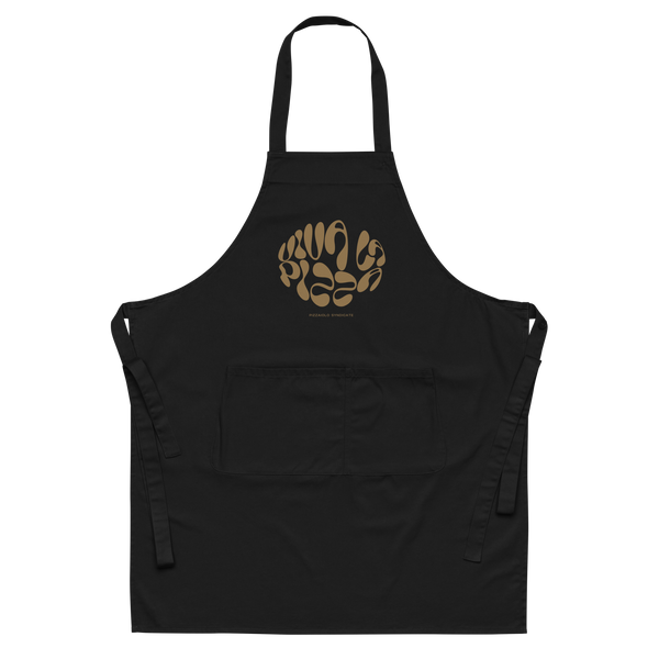Black apron with "Viva La Pizza" print – pizza-themed kitchen wear for devoted pizzaiolos and champions of crust.